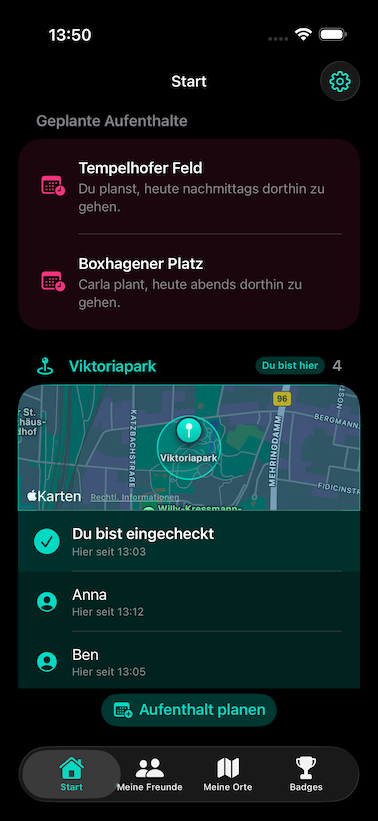 Meet App Startansicht mit geplanten Aufenthalten
