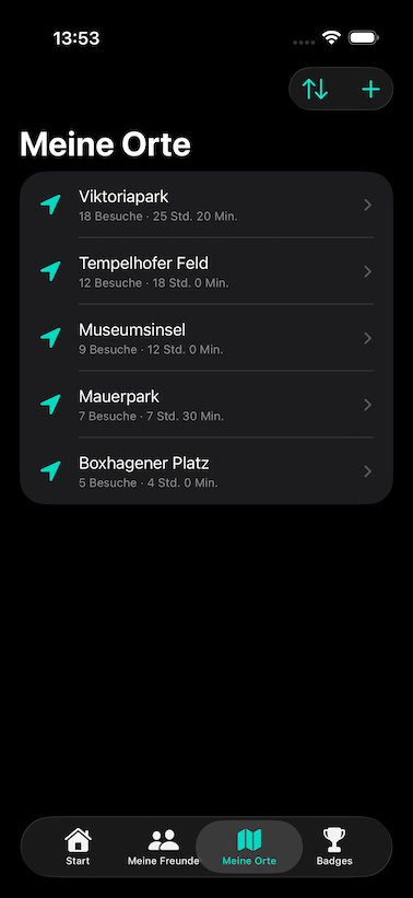 Meet App Übersicht der gespeicherten Orte